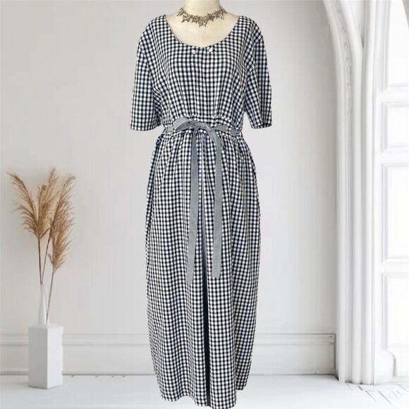 Vintage Made in USA Blue White Gingham Milkmaid Cottage Core Apron Midi Dress L - Picture 1 of 8
